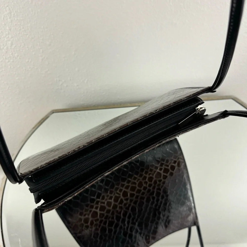 Vintage 90s Black Dark Brown Shiny Faux Leather Croc Embossed Shoulder Bag